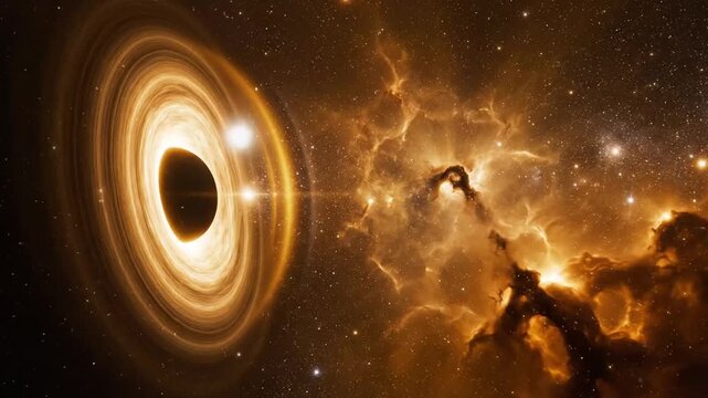 Mesmerizing depiction of a black hole surrounded by luminous accretion disk and cosmic clouds