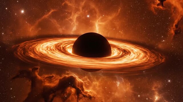 Cosmic black hole surrounded by fiery accretion disk amid nebulae and stars in deep space exploration scene