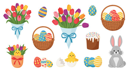 Fototapeta premium Delightful Easter holiday collection featuring cute bunnies, decorated eggs, spring flower bouquets, and traditional festive treats.