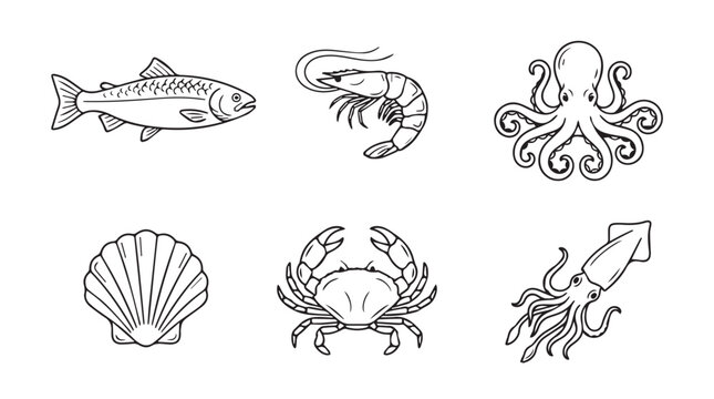 Assortment of black and white line art vector illustrations featuring various seafood items including fish shrimp octopus scallop crab squid restaurant culinary delicious wildlife illustration