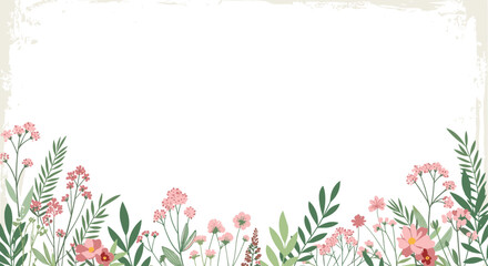Fototapeta premium Gentle pink wildflowers and green foliage lining the bottom of a clean white background with a subtle weathered grunge border.