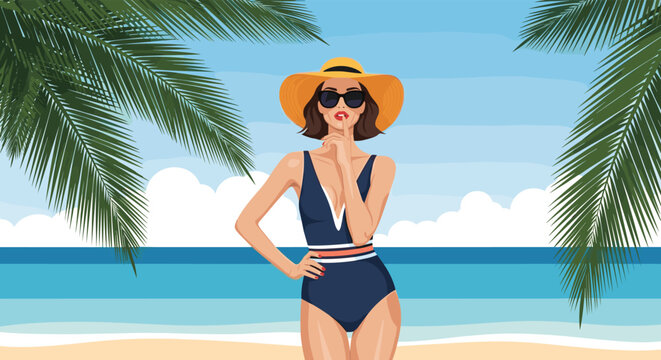 Beautiful woman in a navy blue swimsuit and sun hat posing on a sunny tropical beach framed by lush green palm branches.