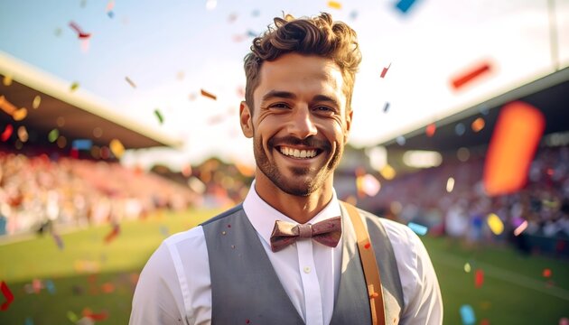 Hombre joven sonriendo en un estadio durante una celebraci&oacute;n con confeti y ambiente festivo