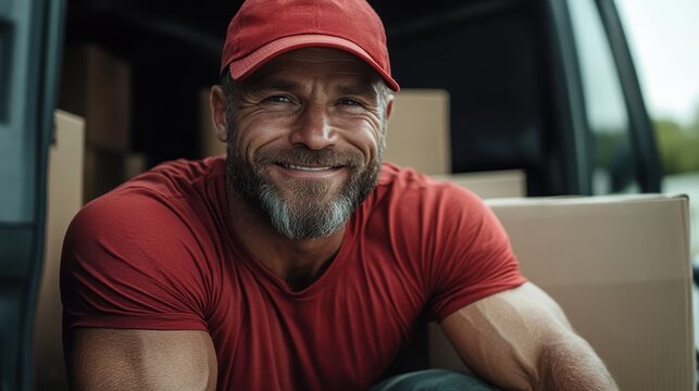 A cheerful delivery driver sits amidst boxes in his van, reflecting themes of hard work, commitment, and a friendly nature contributing to service and delivery.