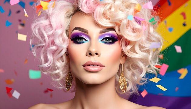 Retrato de persona con peluca blanca, maquillaje llamativo y confeti en una celebraci&oacute;n colorida de estilo festivo