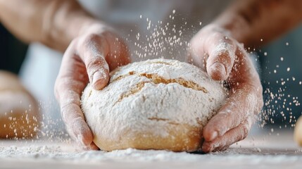 Fototapeta premium A close-up of skilled hands shaping a dough ball, surrounded by a cloud of flour, illustrating the artistry and passion behind the process of making homemade bread.