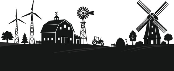 Obraz premium Farm landscape silhouette with barn windmill and wind turbines