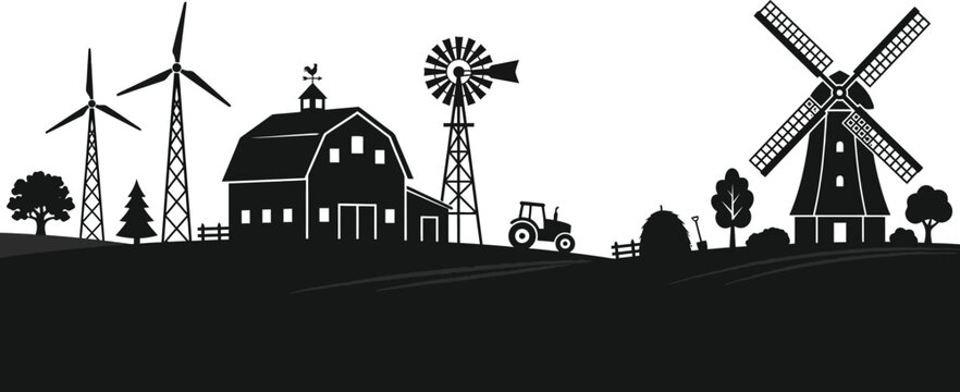 Farm landscape silhouette with barn windmill and wind turbines
