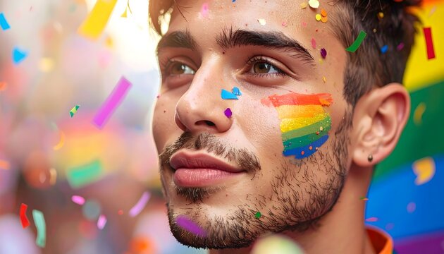 Retrato de hombre con pintura facial arco&iacute;ris y confeti en una celebraci&oacute;n al aire libre