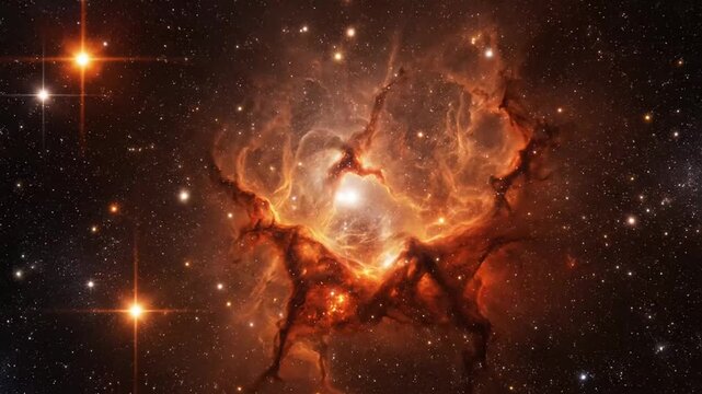 Spectacular deep space nebula with vibrant fiery formations and brilliant star clusters captured in high-resolution cosmic imagery