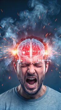 Screaming man with glowing brain exploding with sparks and smoke. Intense mental pressure and emotional breakdown.