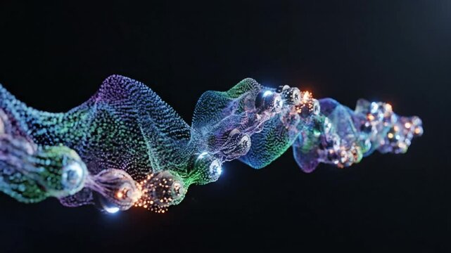 Abstract flowing stream of colorful particles with glowing orbs in space on a black background