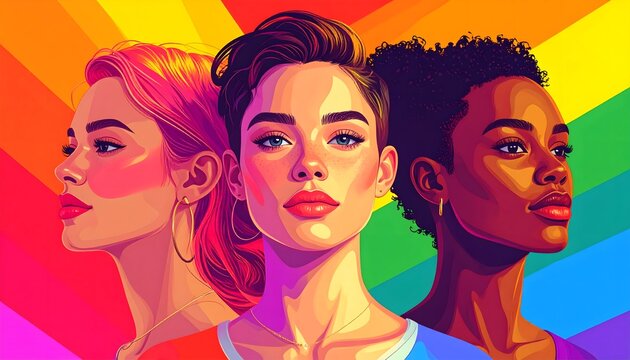 Ilustraci&oacute;n de tres personas con fondo arco&iacute;ris en estilo moderno sobre diversidad e inclusi&oacute;n