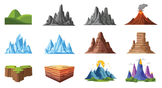 Various types of mountain peaks and landforms set including green hills rocky mountains volcanoes icebergs and desert plateaus.