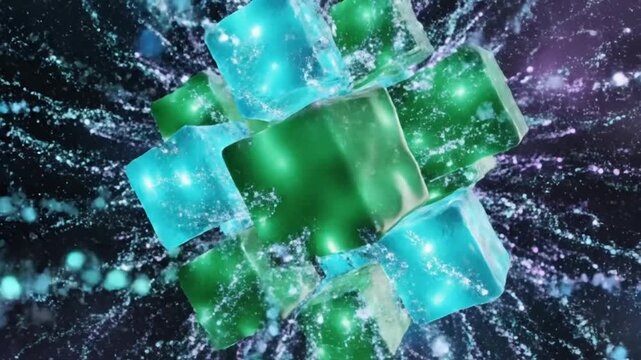 Abstract futuristic animation of rotating geometric crystalline cube with vibrant glowing light and sparkling particle effects in deep space
