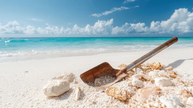 An interesting arrangement of a rusty shovel partially buried in the sand, accompanied by seashells, evoking memories of beachcombing and playful childhood adventures.