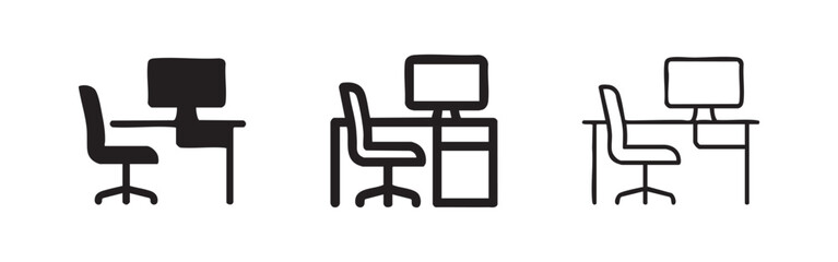 Fototapeta premium Workstation icons: desk, computer, chair, solid, outline, filled outline