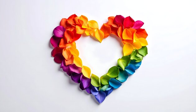 Coraz&oacute;n formado con p&eacute;talos multicolor sobre fondo blanco con s&iacute;mbolo de amor y diversidad