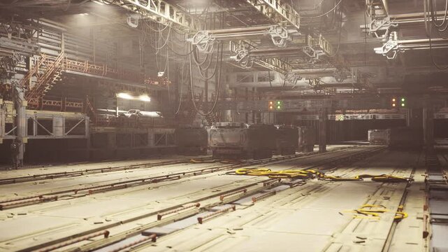 Futuristic industrial hangar interior at night, empty cargo platform with illuminated tracks and maintenance drone docking, overhead cranes and catwalks,