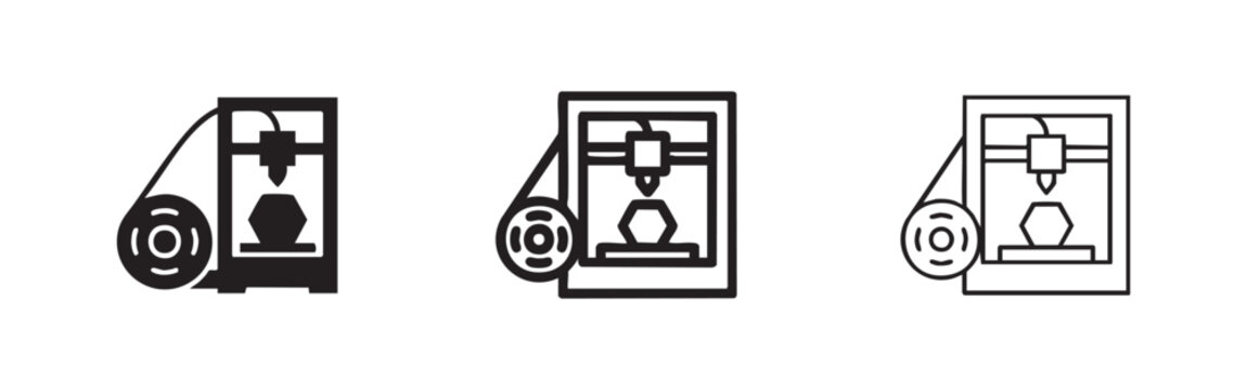 3D printer icons: solid, outline, and filled outline styles