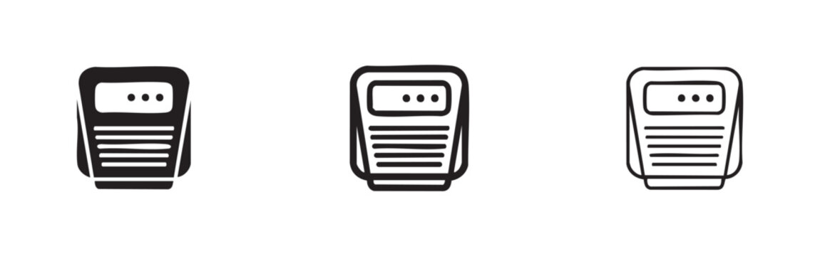 Three icons of a washing machine: solid, outlined, and minimalist line art.