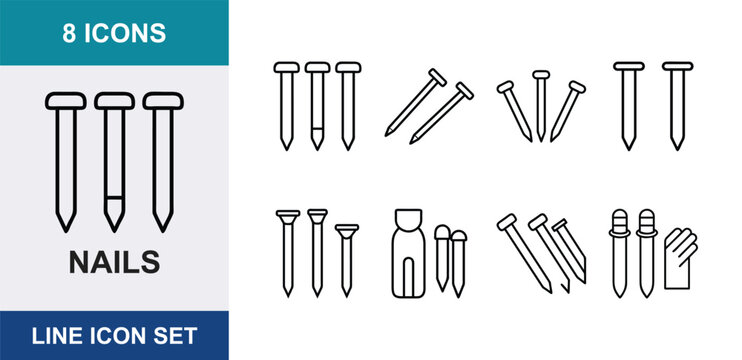 8 Line Icons Set: Nails, Fasteners, Hardware Tools, Construction Elements