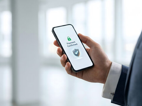 Minimalist close-up photo of a hand holding a smartphone displaying a payment confirmation screen with a shield icon