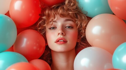 Obraz premium A stunning beauty portrait of a young woman with curly hair surrounded by vibrant balloons in shades of red and light blue, capturing a playful and celebratory vibe.