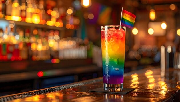 C&oacute;ctel arco&iacute;ris en vaso alto con bandera de colores sobre barra de bar y luces c&aacute;lidas desenfocadas