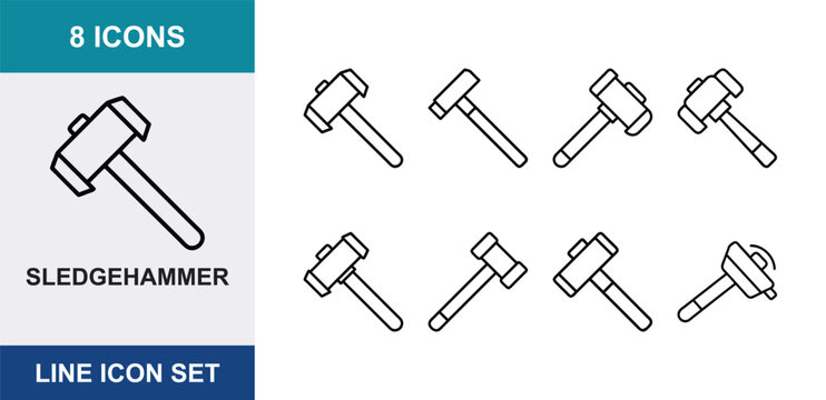 8 Sledgehammer Line Icons, Construction Tool Vector Set, Heavy Duty Equipment Graphics
