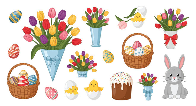Large set of colorful Easter holiday elements featuring decorated eggs, spring tulips, cute baby chicks, bunnies, and traditional cake.