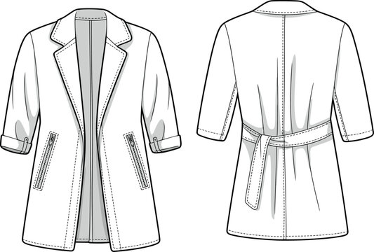Art & IlWomen's White Belted Blazer Jacket Technical Fashion Illustration Featuring Front and Back View CAD Flat Sketch with Zipper Pockets for Apparel Design and Manufacturinglustration