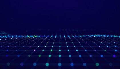 Naklejka premium Abstract technological background featuring a vibrant grid of interconnected glowing data points on a deep blue digital landscape, symbolizing modern computing and information flow