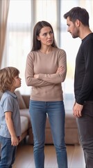 Fototapeta premium Married couple having a serious argument in their living room while their young son watches. Mother with crossed arms looking at her husband with a frustrated expression during a domestic conflict.