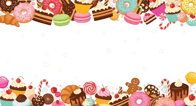 Colorful frame border filled with various delicious sweets including cakes, donuts, cupcakes, macarons, and candy on white background.
