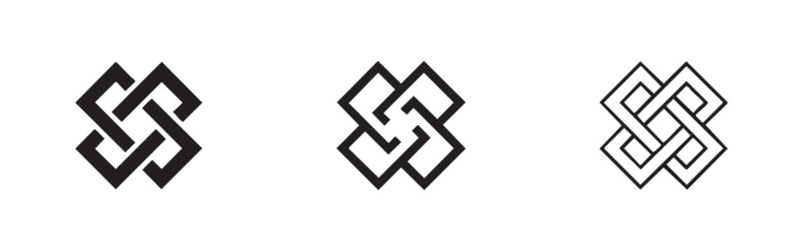 Set of abstract interwoven square icons: solid black, outline thick, outline thin