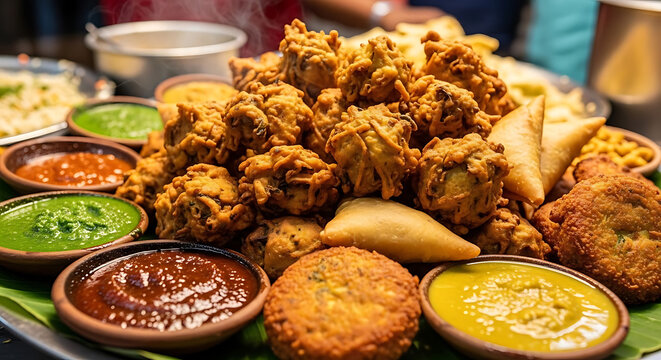 Appetizers including pakoras and samosas are arranged on a tray with colorful dipping sauces.