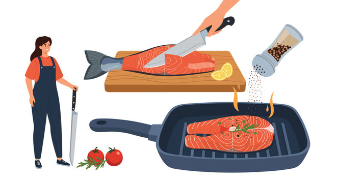 Culinary scene featuring a chef cutting fresh salmon and cooking a seasoned fish steak in a grill pan with vegetables.