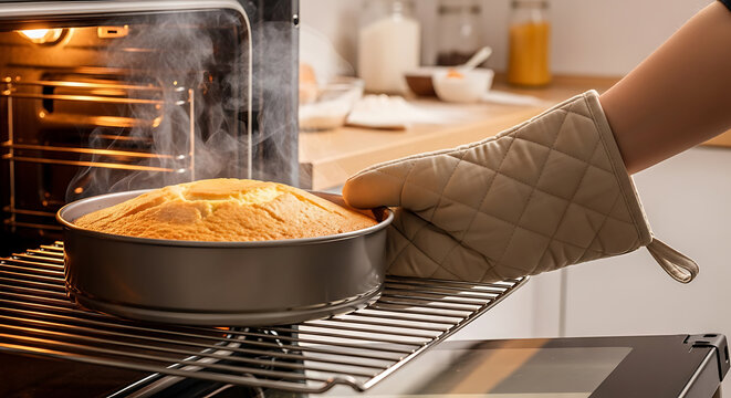 A protective gloved hand retrieves a delicious golden brown sponge cake from a steaming hot kitchen oven, showing visible vapor rising from the freshly baked sweet homemade pastry dessert.