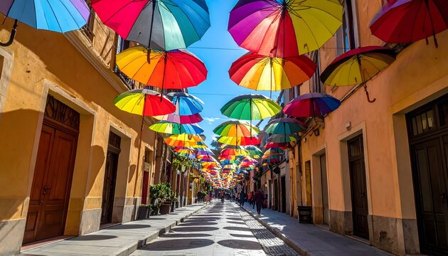 Calle urbana decorada con paraguas multicolor suspendidos entre edificios en un d&iacute;a soleado
