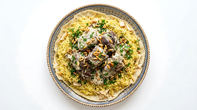 Traditional jordanian mansaf served on decorative plate with tender lamb meat rice pine nuts and creamy yogurt sauce top view