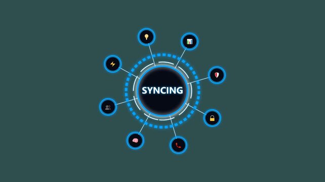 digital data syncing process interface with various icons on a dark teal background.