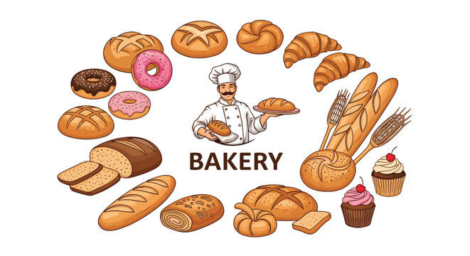 Circular arrangement of bakery products featuring fresh bread, donuts, croissants, and cupcakes with a professional chef in the center.