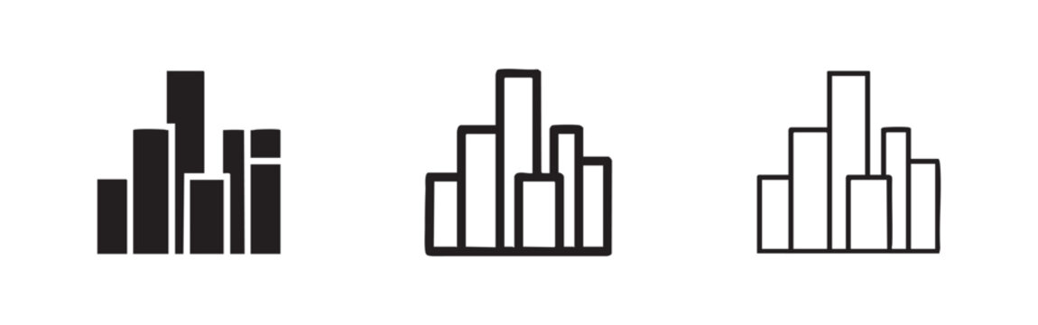 Bar Chart Statistics or City Skyline Icon Set with Solid Bold and Thin Outline Styles