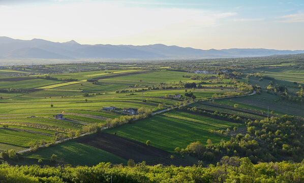 Fertile plains and agricultural land. Land for cultivation and production of vegetables. Fields and pastures in Kumanovo, North Macedonia.