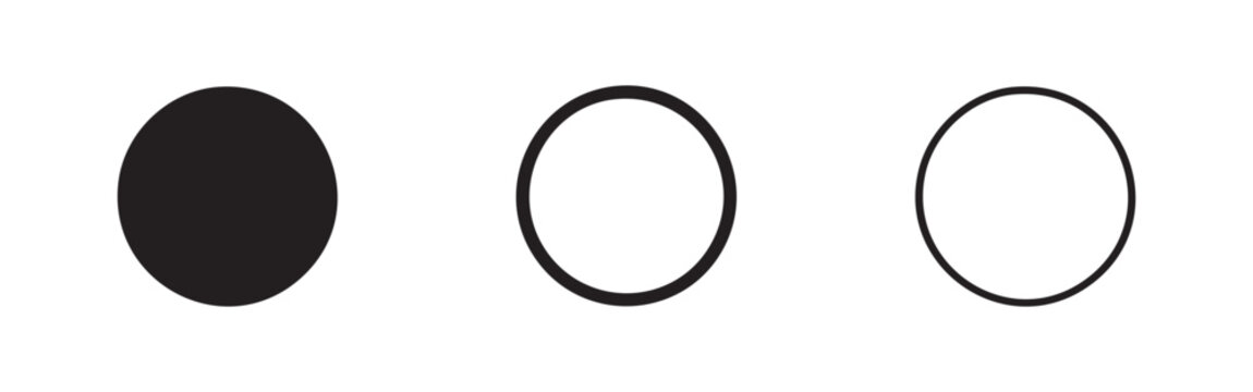 Circle icon set. Basic geometric round shape symbols in filled, bold outline, and thin outline styles. Vector illustration of abstract design elements.