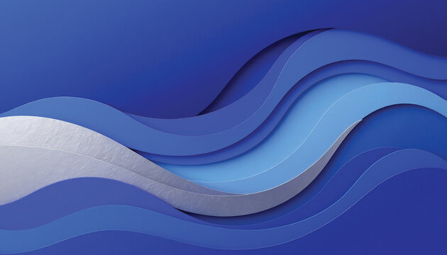 Elegant abstract paper cut background with layered blue waves, smooth flowing curves, and silver accents. Modern 3D papercraft design ideal for branding, presentations, wallpapers, and luxury layouts.