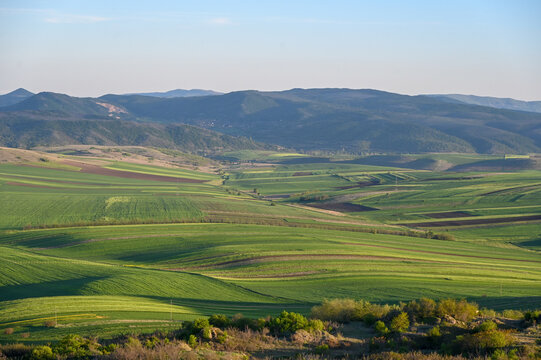Fertile plains and agricultural land. Land for cultivation and production of vegetables. Fields and pastures in Kumanovo, North Macedonia.