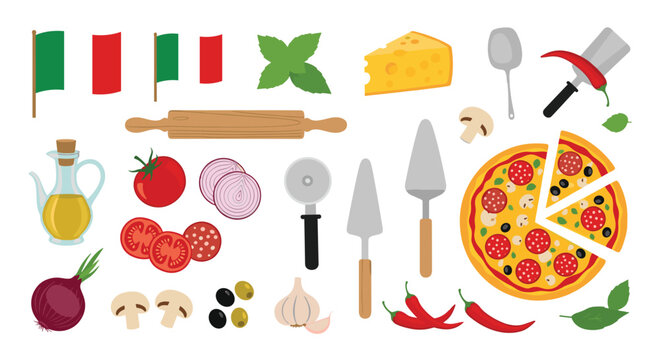 Set of italian pizza ingredients including tomatoes, cheese, mushrooms, oil, herbs, and national flags on white background.