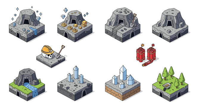 Isometric mining game elements featuring underground tunnels, diamond ores, chests, dynamite, and rocky terrains on green grass.
